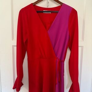 Bailey 44 Red Pink Colorblock Wrap Dress Long Sleeve Size 8